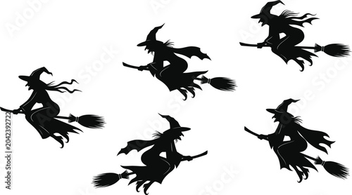 Photos Halloween witch silhouette set flying witches on broomsticks