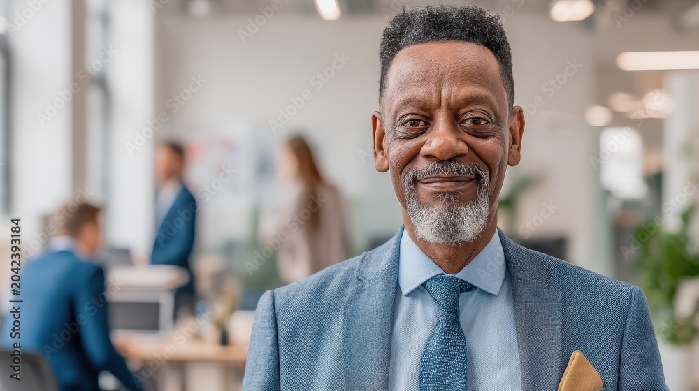 Naklejka premium Middle-aged Black man financial advisor with a confident smile stands in a modern office with blurred glass background.