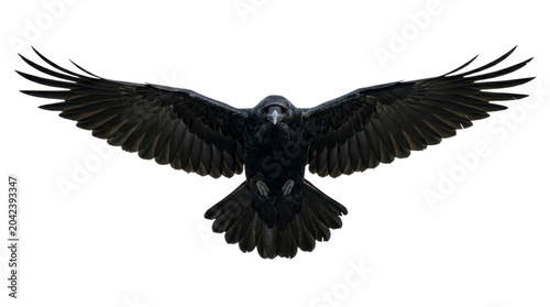 Raven in mid flight with wings spread out as a PNG file on a transparent background