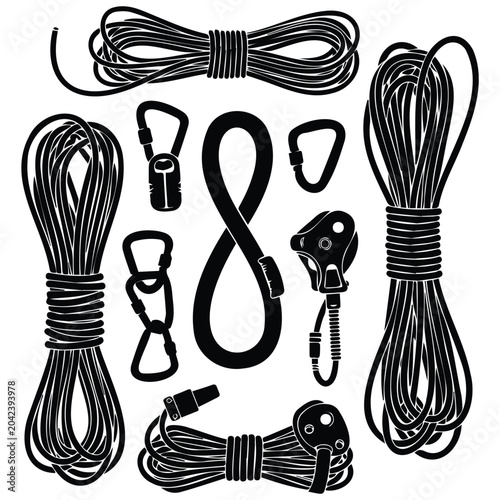 Tableau sur toile Climbing rope and gear vector silhouette illustration set for extreme sport equipment