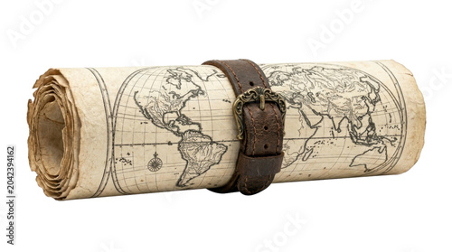 Antique rolled world map with leather strap on a transparent background PNG file