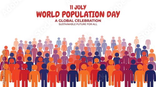 Vibrant illustration featuring a large crowd of stylized people in diverse shades of orange, red, and blue created for the annual international observance of world population day in July.
