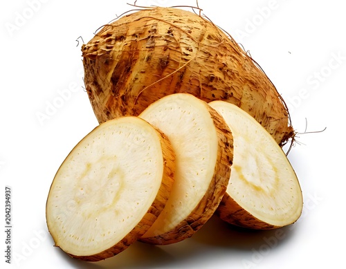 A whole jicama with sliced jicama the root vegetable on white background
