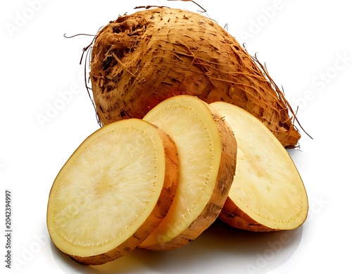 A whole jicama with sliced jicama the root vegetable on white background