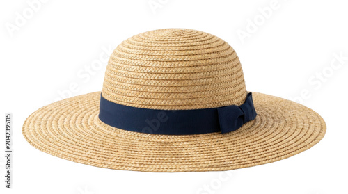 Straw hat with blue ribbon on a transparent background PNG image
