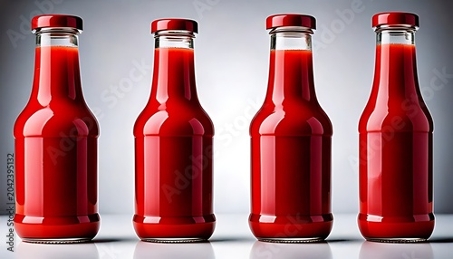 Condiments in red ketchup bottles on a white background