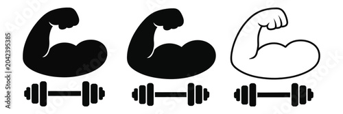 Cuadro en lienzo Gym Icon set, flexing biceps icons, dumbbell strength symbols, fitness workout bodybuilding elements, gym training vector design assets