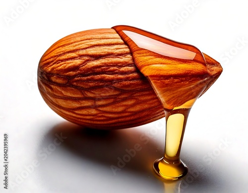 Almond oil leaking from an almond against a white background