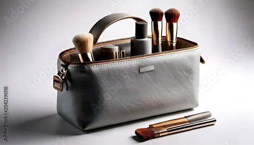 A  light gray makeup bag with leather handle and variety of various makeup brushes