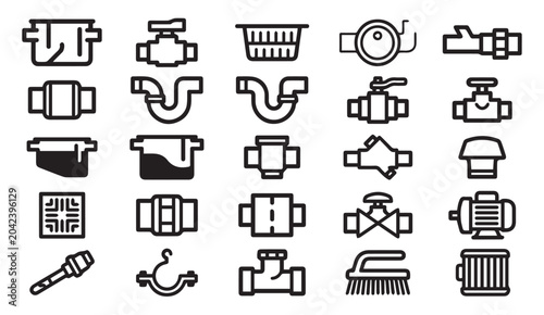 Tableau sur toile Plumbing and drainage icons set: pipes valves fixtures with plumbing, connector