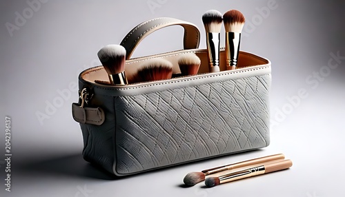 A  light gray makeup bag with leather handle and variety of various makeup brushes
