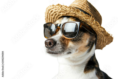Stylish Canine: Dog Rocking Sunglasses and Straw Hat. White or PNG Transparent Background.