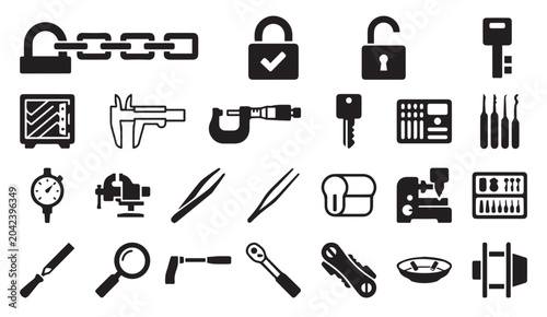 Fotografie Industrial locksmith and security tools icon set with locksmith, security