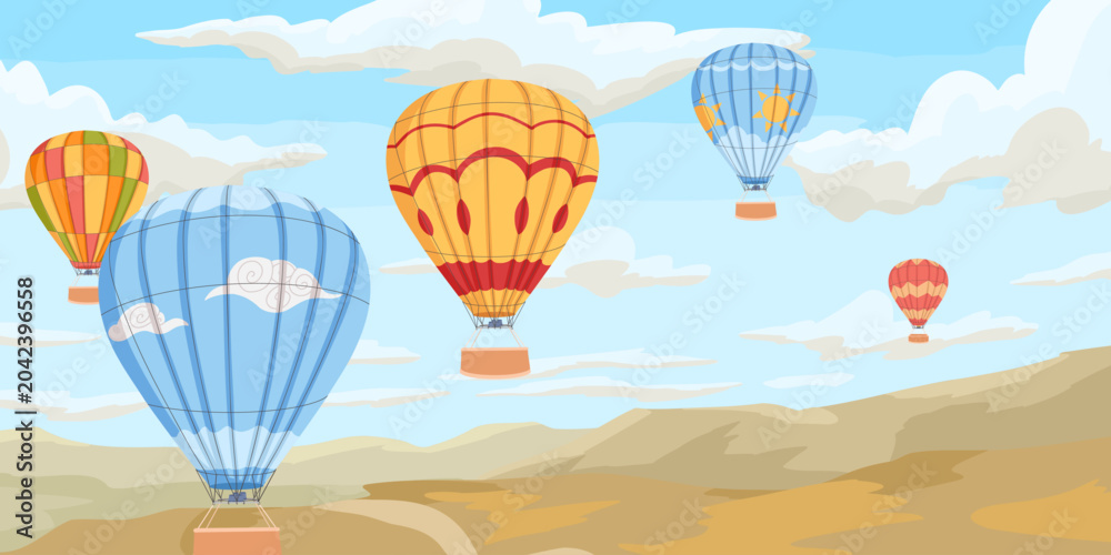 Obraz premium Hot air balloon festival in scenic mountain landscape with colorful aerostats in sky. Cartoon hand drawn vector illustration for tourism advertising, postcard, web and travel design
