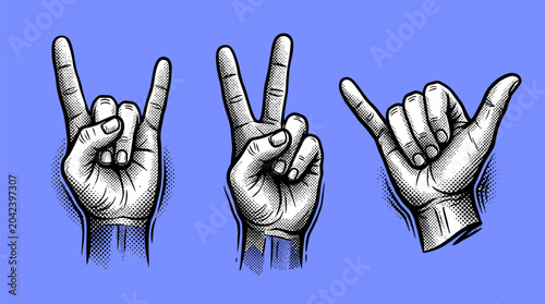 Foto rock on hand gestures in black and white on blue background