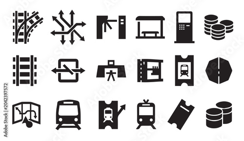 Foto Public transportation and rail travel icons set with transportation, commuter