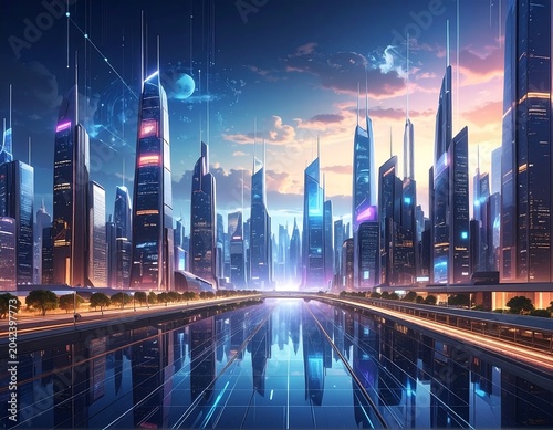 A futuristic cityscape at dusk with sleek skyscrapers and neon lights reflecting off a calm body of water