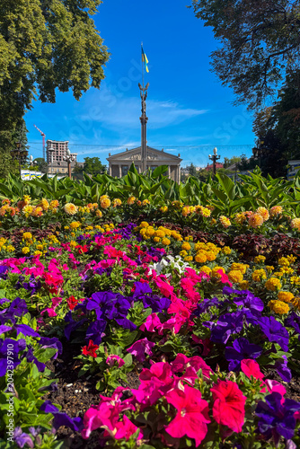 The Monument to the Independence of Ukraine in Ternopil rises proudly above the square, symbolizing freedom and national dignity with its striking