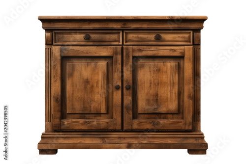 Whispering Secrets: A Wooden Cabinet Revealing Two Doors and Two Drawers. White or PNG Transparent Background.