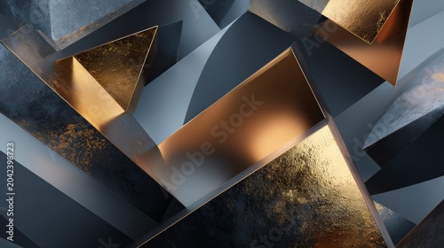 Modern abstract background with 3D geometric shapes in metallic tones, designed for luxury branding and corporate visuals.
