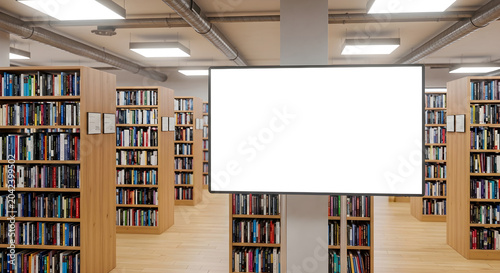 Blank horizontal billboard mockup in modern library, white empty screen for advertisement in bookstore, indoor digital signage template