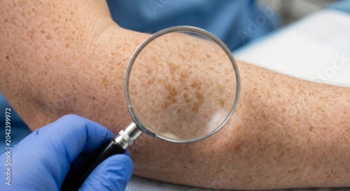 Forearm skin spots examined with a magnifying glass