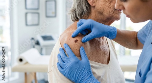 Medical professional examines mole on elderly woman's shoulder