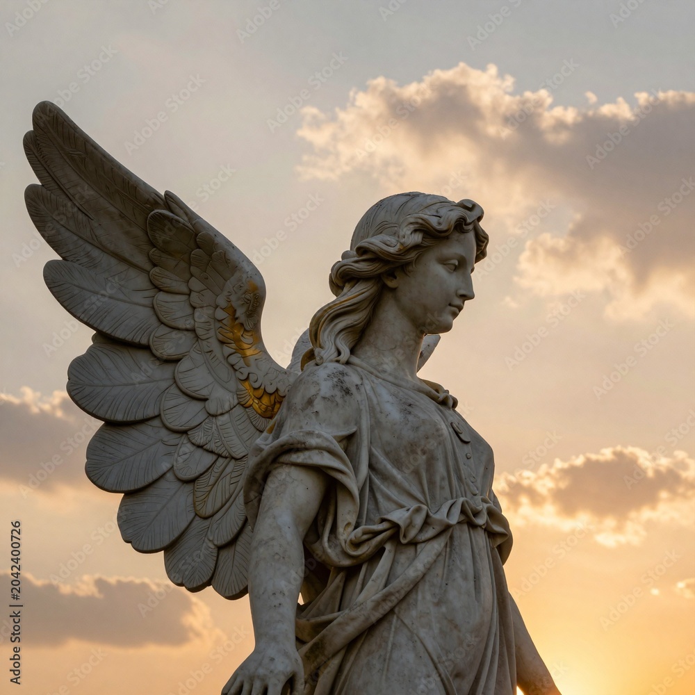 Fototapeta premium Solemn Angel Statue at Sunset: Marble Sculpture in Golden Hour