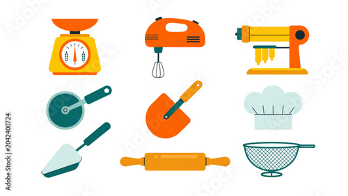 Bild auf Leinwand Set of colorful kitchen tools and utensils including a whisk, grater, funnel, an