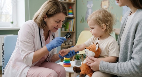 Pediatrician examining toddler's arm with magnifying glass in clinic