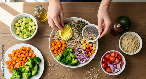 Healthy Food Bowl Preparation: Fresh Vegetables, Grains, and Avocado