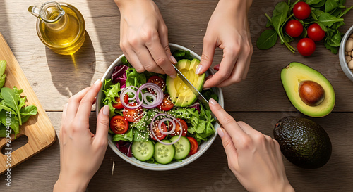 Healthy Salad Preparation: Hands Slicing Avocado for Fresh Meal