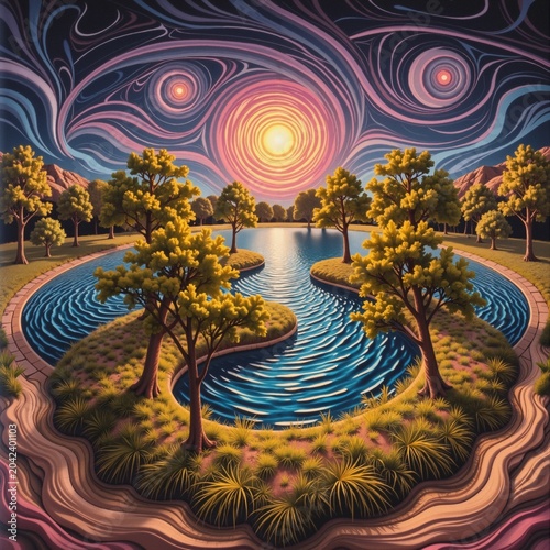 Surreal Cosmic Landscape with Twisting Waterway and Luminous Trees