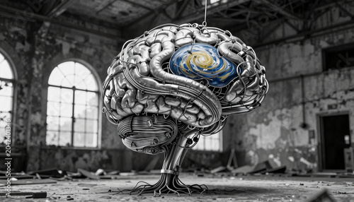Mechanical Brain Sculpture in Abandoned Factory