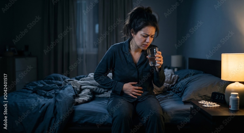 Fototapeta premium Woman in Pajamas with Stomach Pain Sitting on Bed