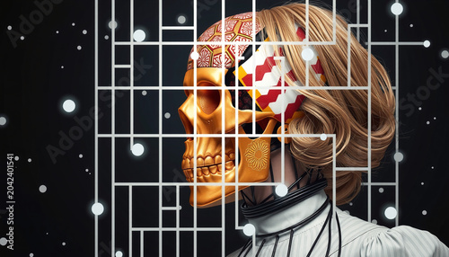 Surreal Tech Fusion: Golden Skull and Human Silhouette with Grid Overlay