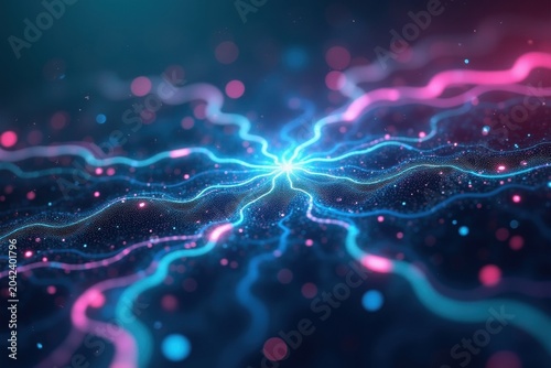Abstract glowing digital lines and particles spreading from a central light