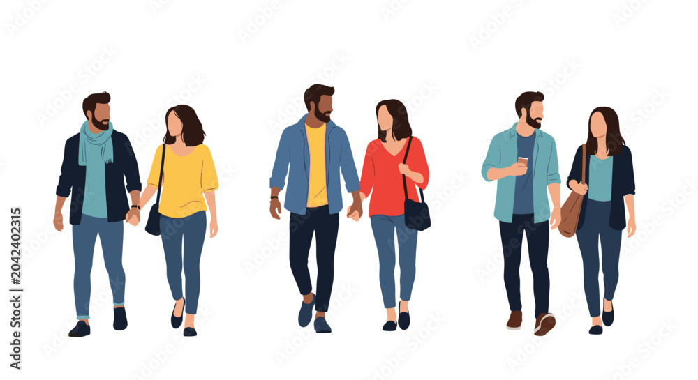Obraz premium Three sets of diverse young men and women walking together as couples dressed in casual modern fashion against a plain white background.