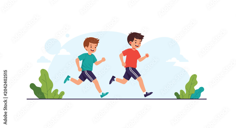 Fototapeta premium Two happy young boys running side by side through a simple outdoor park setting with green plants and soft blue clouds.