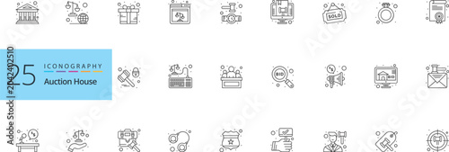 Tableau sur toile Auction house iconography set featuring legal symbols bidding tools online marketplace graphics court room elements financial icons and professional law enforcement related vector signs