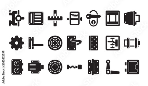 Black silhouette icons of mechanical hardware and locking components