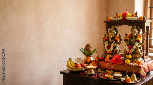 Golden ganesha and lakshmi idols with offerings on a traditional altar