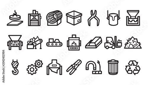 Set of metal recycling and industrial processing icons with recycling, machinery