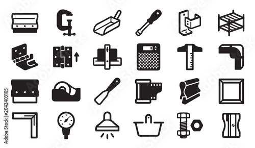 Set of construction and industrial equipment black line icons with equipment