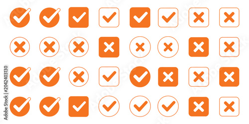 Schilderij op canvas Check Mark Icon button set, check box tick and cross icons, yes or no selection symbols, approval and denial sign concept, clean isolated vector UI elements
