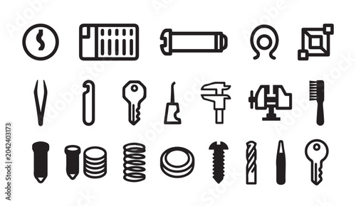 Precision technical tools and small hardware component icons with precision