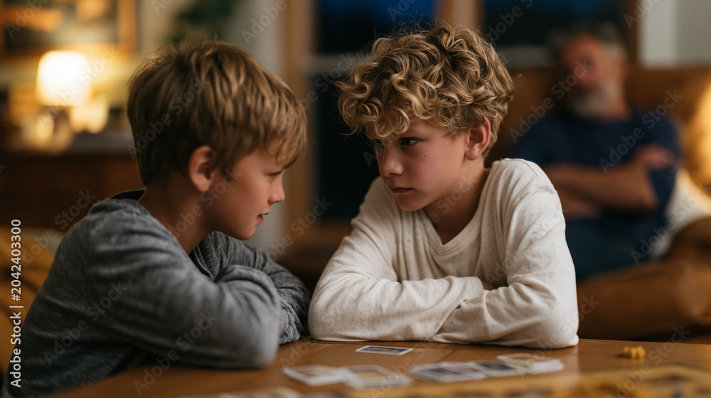 Fototapeta premium Two brothers ages seven and ten argue over a board game at a coffee table, cards scattered and one piece knocked to the carpet, their father watching from an armchair with arms