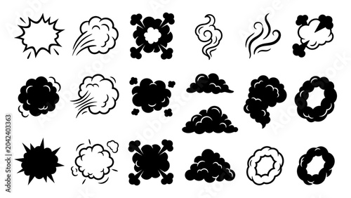Comic smoke and explosion vector icons set with steam clouds and puff effects for motion graphics and storytelling