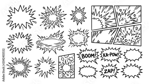 Photos Comic book explosion and speech bubble vector set with hand drawn line art eleme