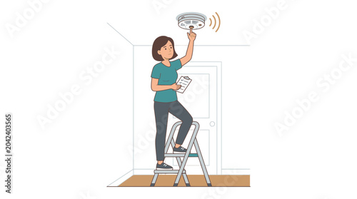Photos Woman testing smoke detector on stepladder